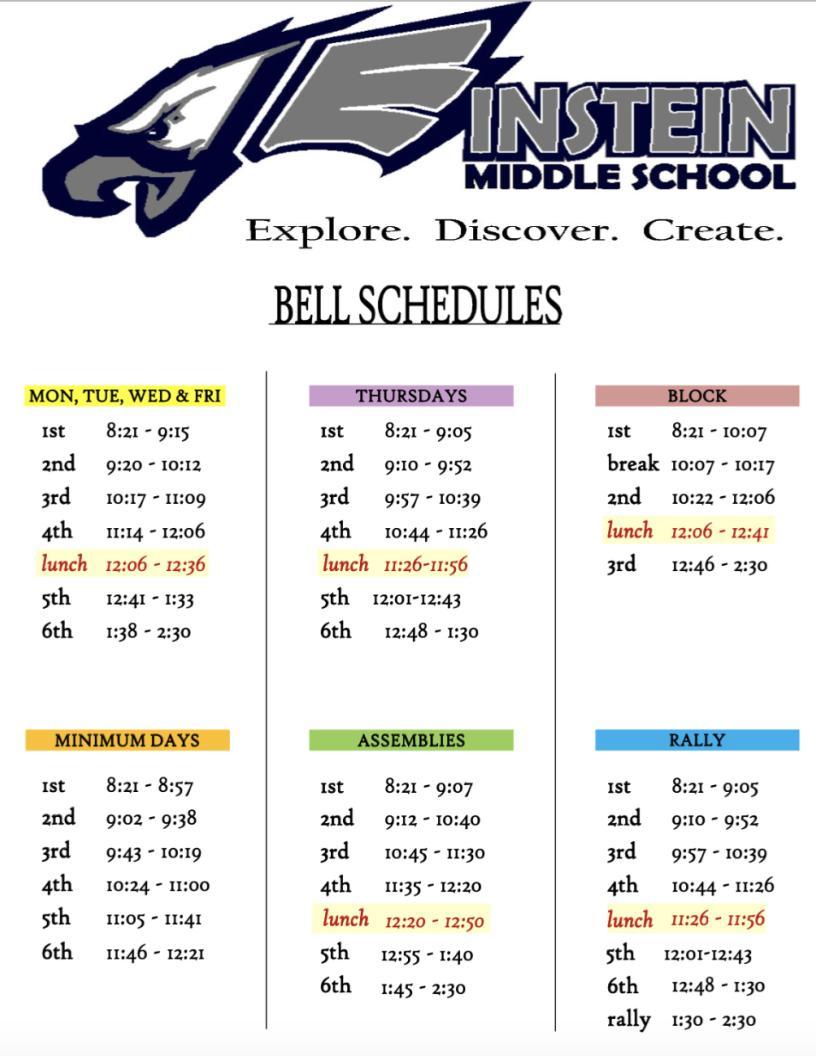 AEMS Bell Schedule for 2022-2023 School Year - Albert Einstein Middle