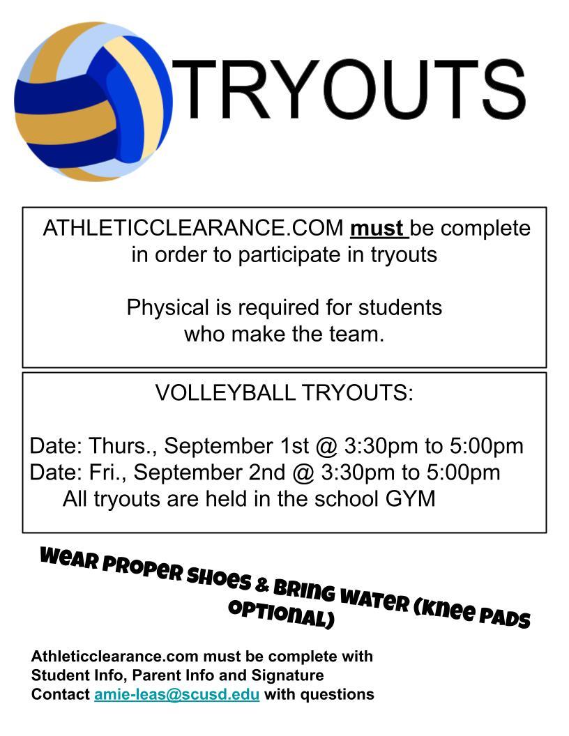 Girls Volleyball Tryouts September 1st and 2nd Albert Einstein